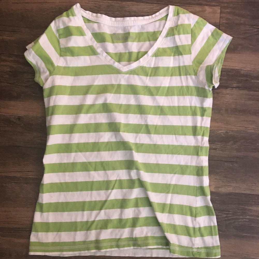V-Neck, Green and White Striped T-Shirt